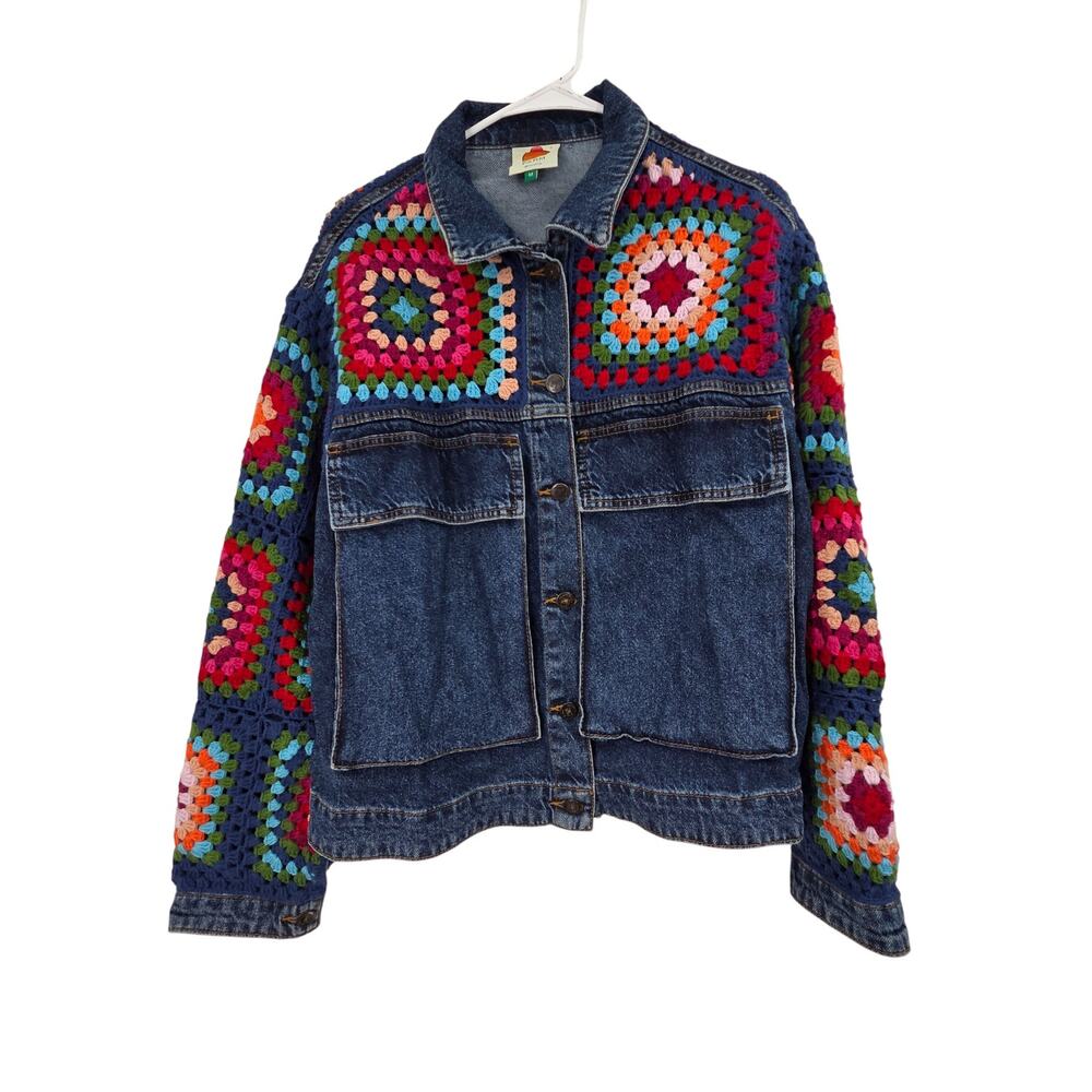 FARM RIO MEDIUM CROCHET SQUARE GRANDMA BOHO BUTTON UP LONG SLEEVE JEAN JACKET